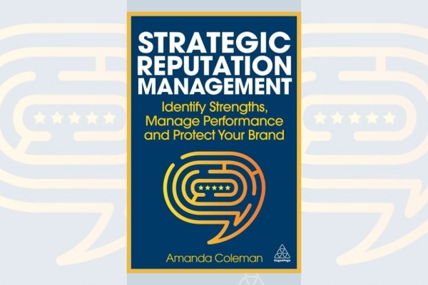 Dark blue book cover with Strategic Reputation Management written in white capital letters. There is an illustration of a speech bubble formed in yellow outlines like a maze